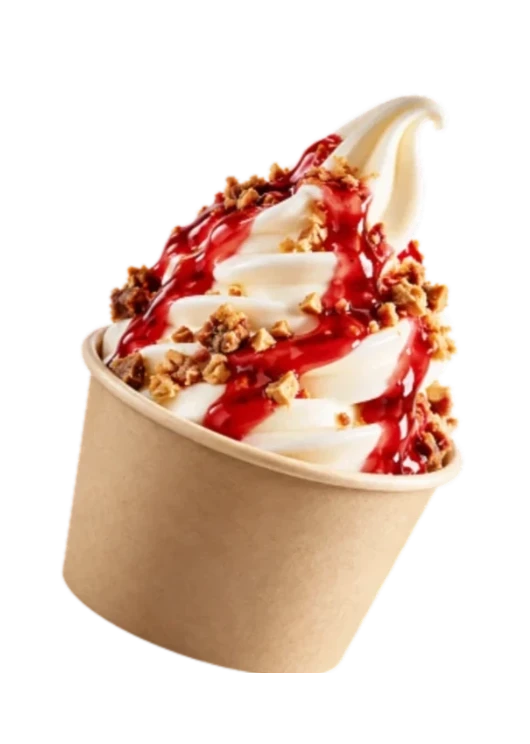 Sundae onctueux avec coulis, biscuits et toppings flottants